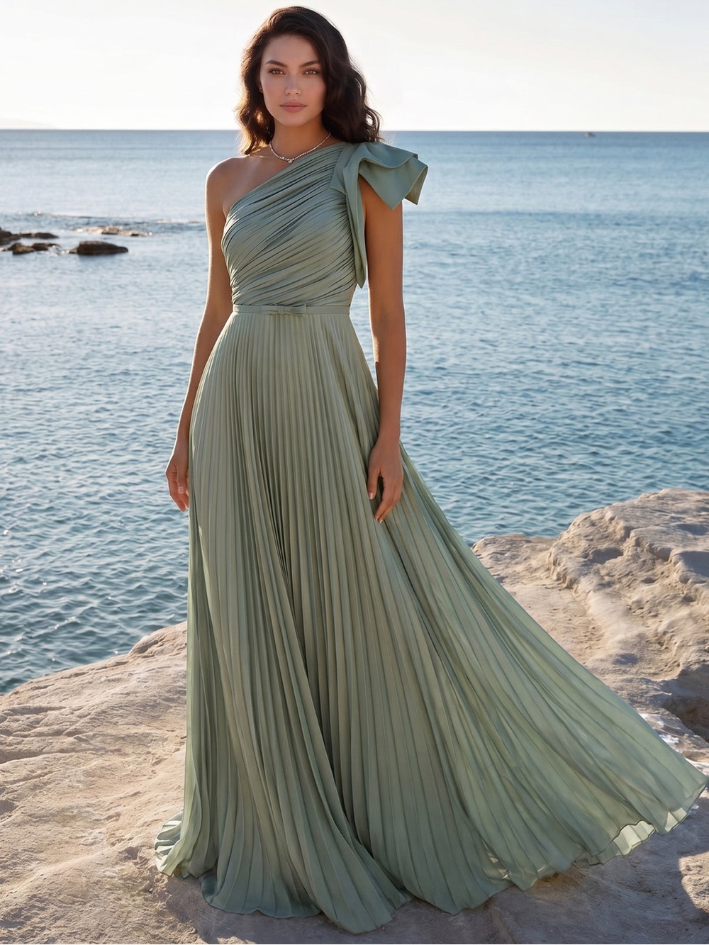 One-Shoulder Pleated Maxi Dress available in deep navy